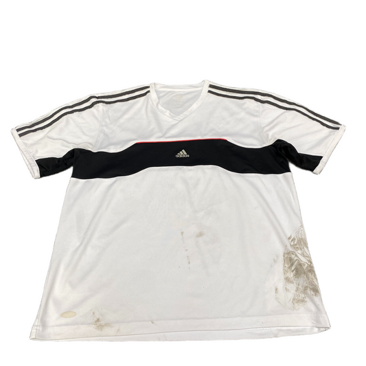 Vtg Adidas T-Shirt Womens L White Black Striped Stretch Short Sleeve V Neck Tee