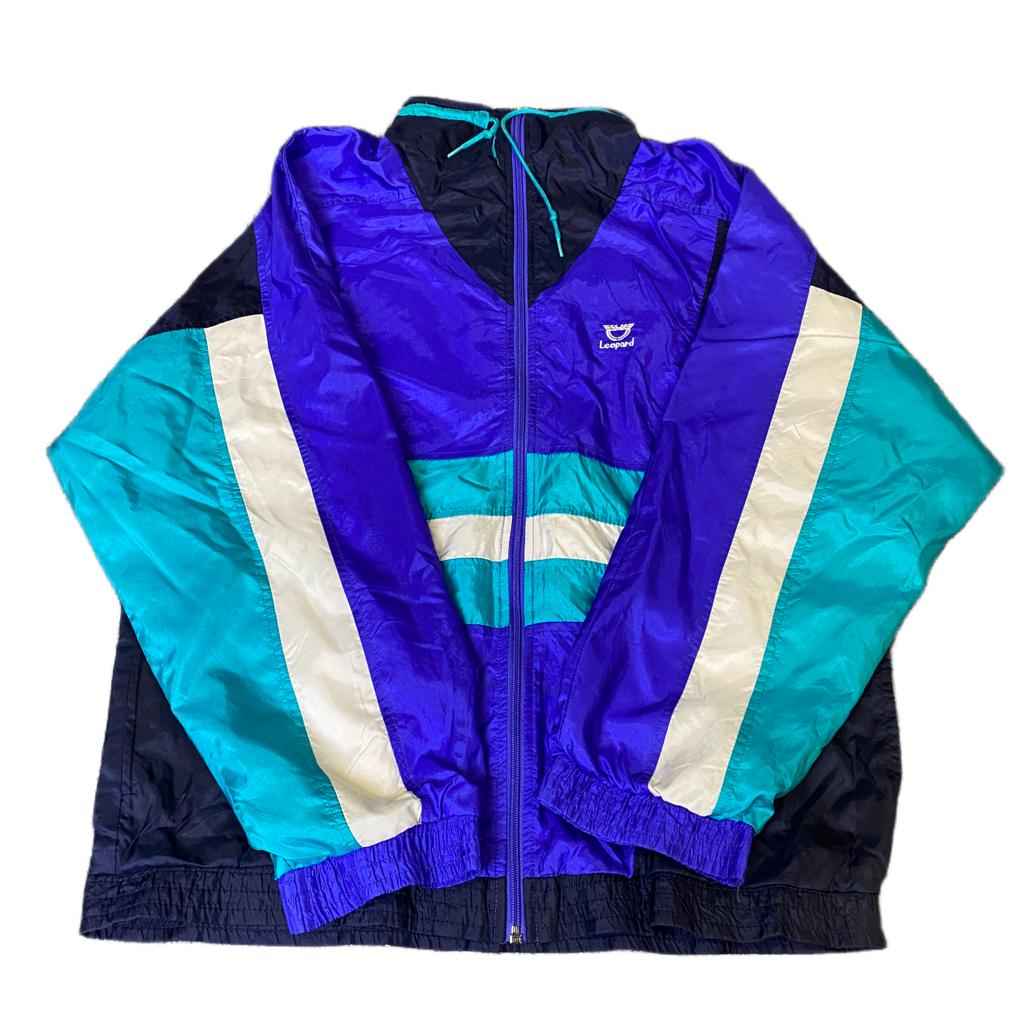Vtg 90s Leopard Windbreaker Jacket Mens L Multi Colorblock Long Sleeve Full Zip