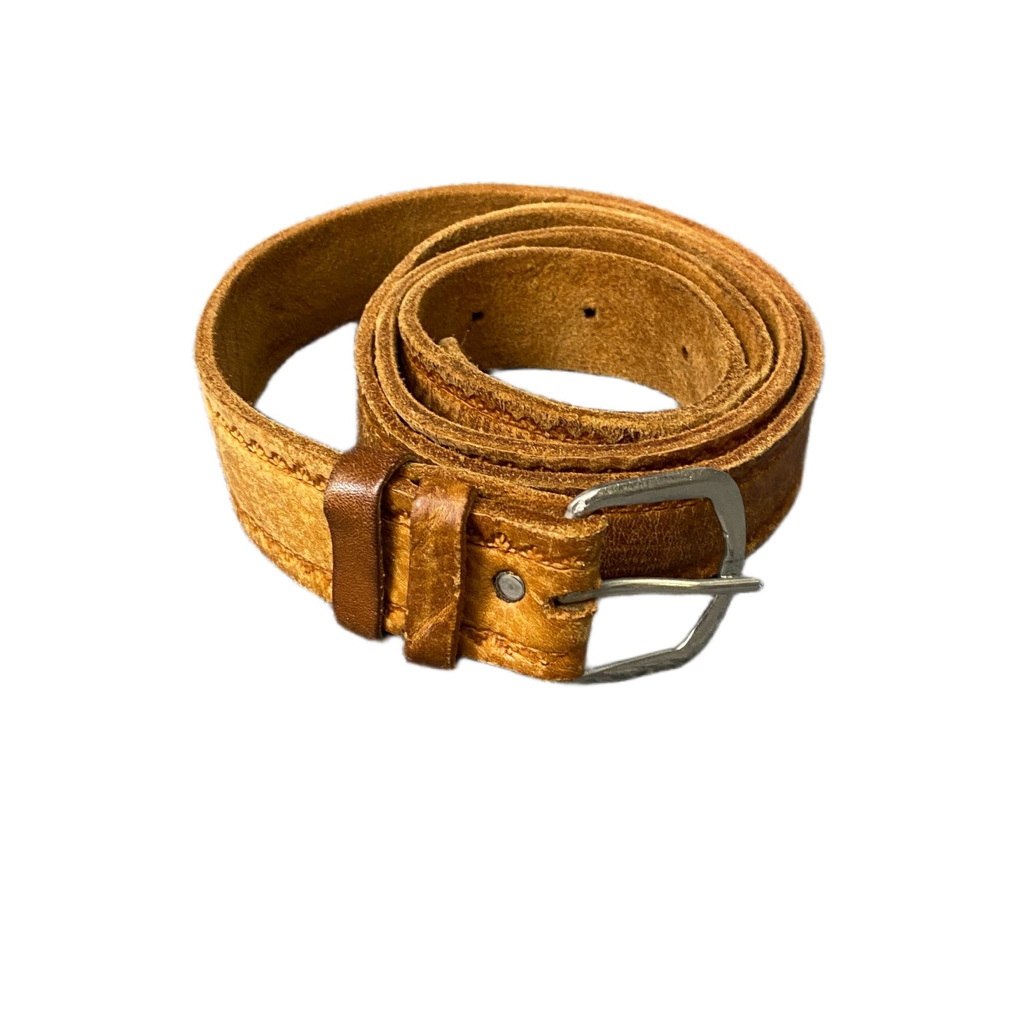 Vintage Waist Belt Mens Tan Leather Stitched Edge Silver Pin Buckle 51.5 Inches