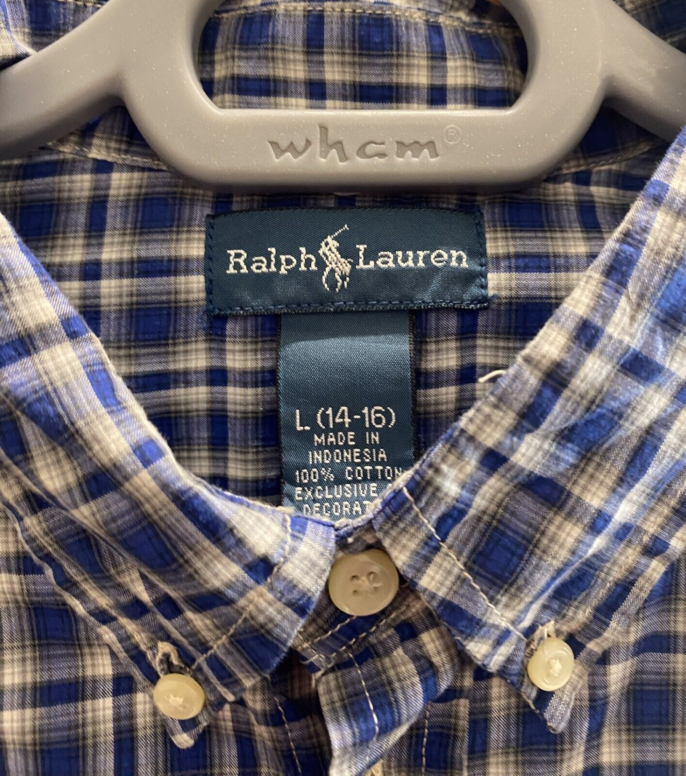 Ralph Lauren Shirt Men Large Blue Plaid Cotton Casual Small White Polo Pony Logo