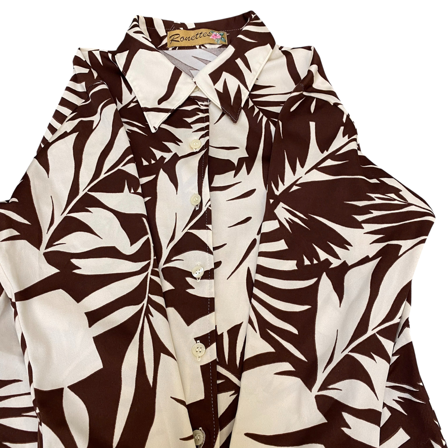 Ronettes Shirt Top Womens S Brown White Floral Long Sleeve Collared Button Down