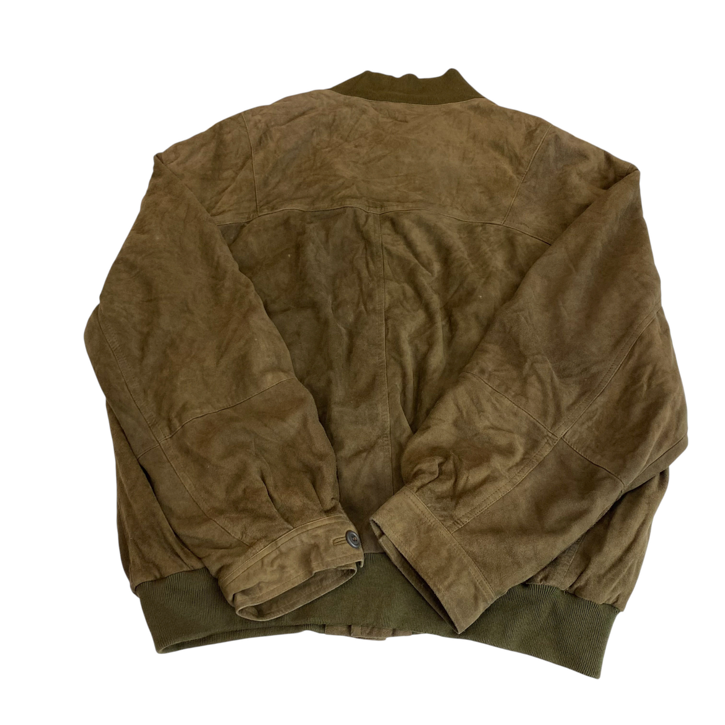 Bomber Jacket Mens L Green Suede Leather Long Sleeve Pockets Button Front