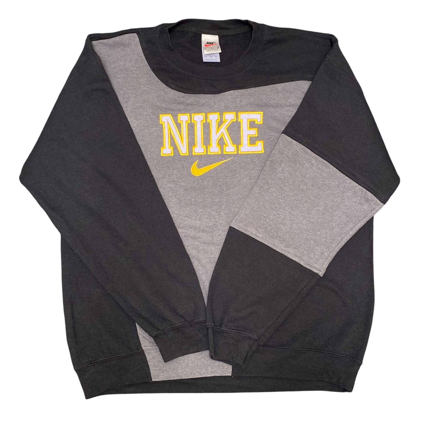 Nike Reworked Sweatshirt Mens L Black Grey Embroidered Spellout Logo Crew Neck