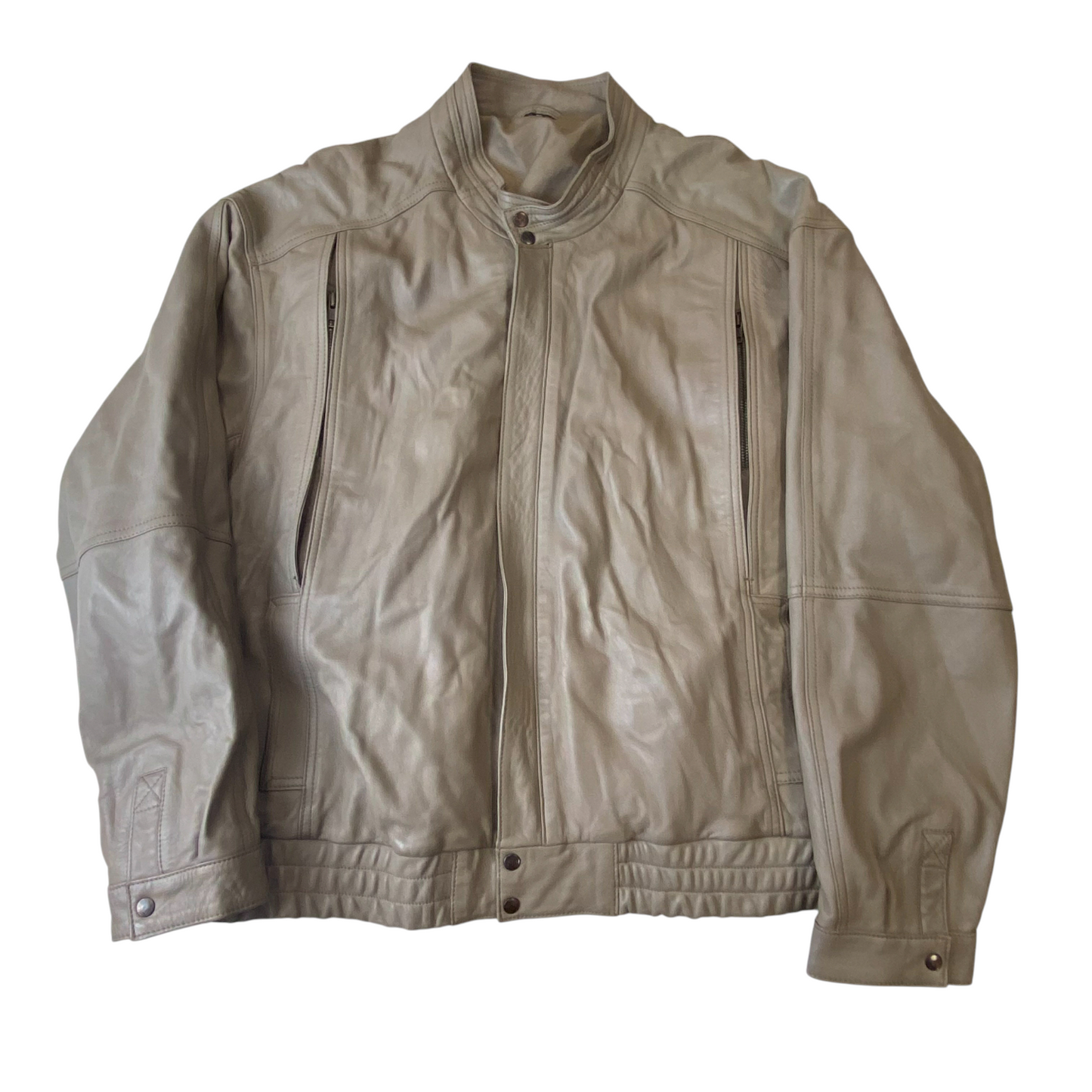 Mens Faux Leather Medium Beige Lined Long Sleeve Snap Button Elasticated Hem