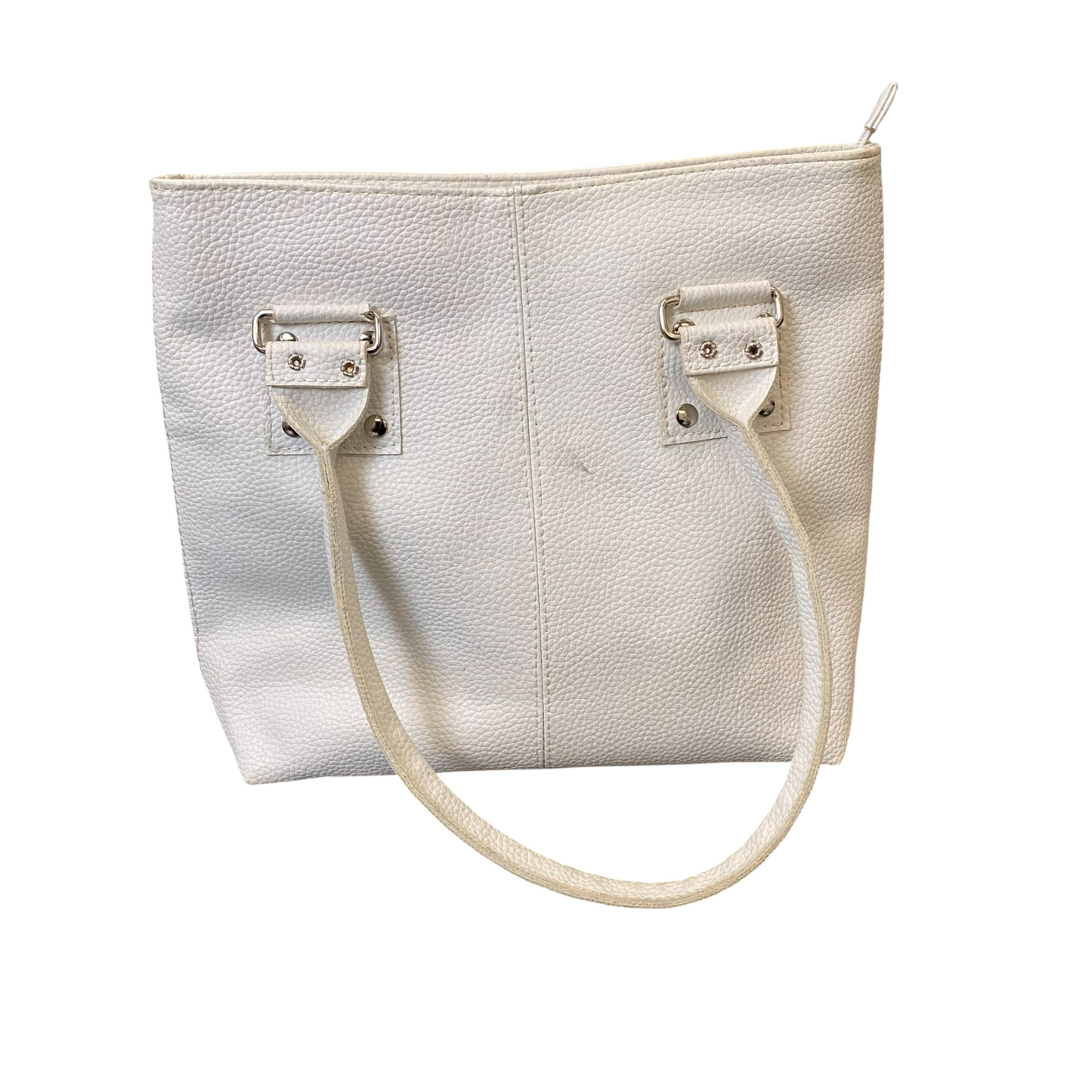 Womens Tote Bag White Pebbled Leather Classic Zipper Pocket Double Handles