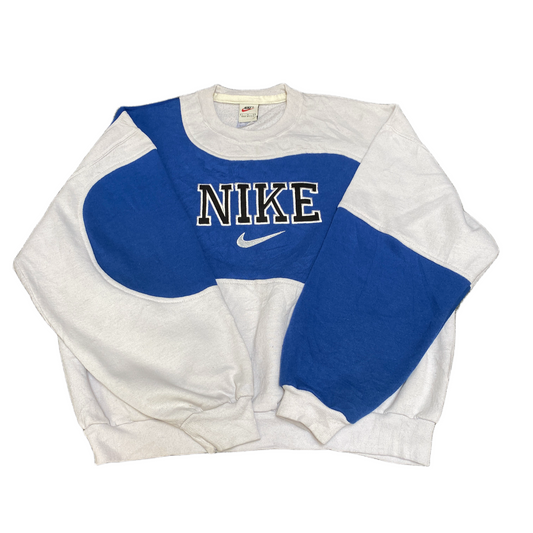 Nike Reworked Sweatshirt Mens L White Blue Embroidered Spellout Logo Vintage Y2K