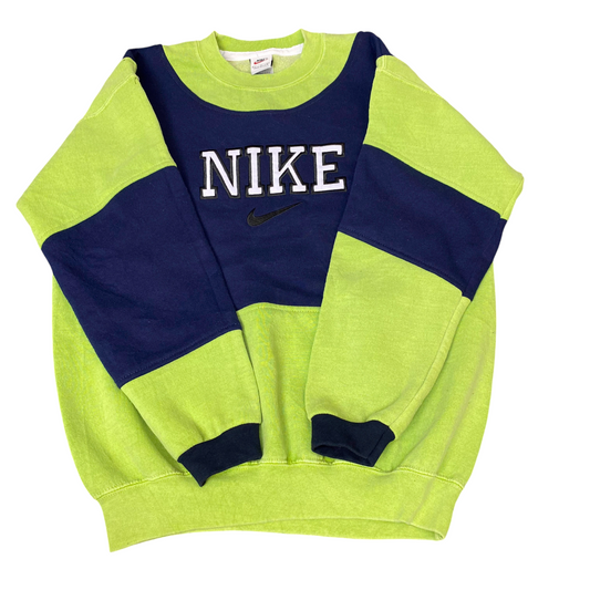 Nike Reworked Sweatshirt Mens S Green Navy Embroidered Spellout Logo Vintage Y2K