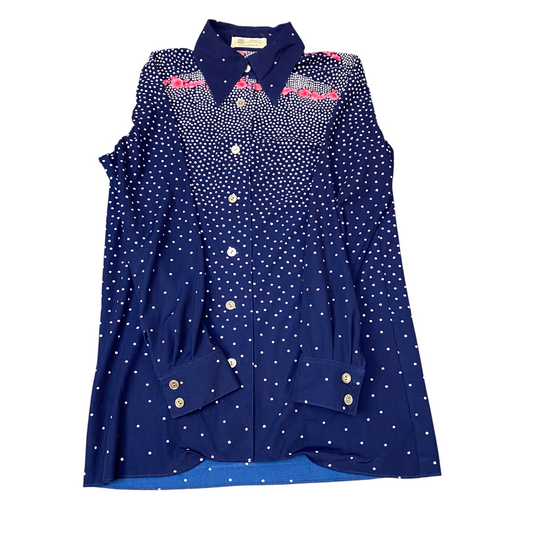 Shirt Top Womens M Blue Polka Dot Long Sleeve Collared Button Front Outdoor