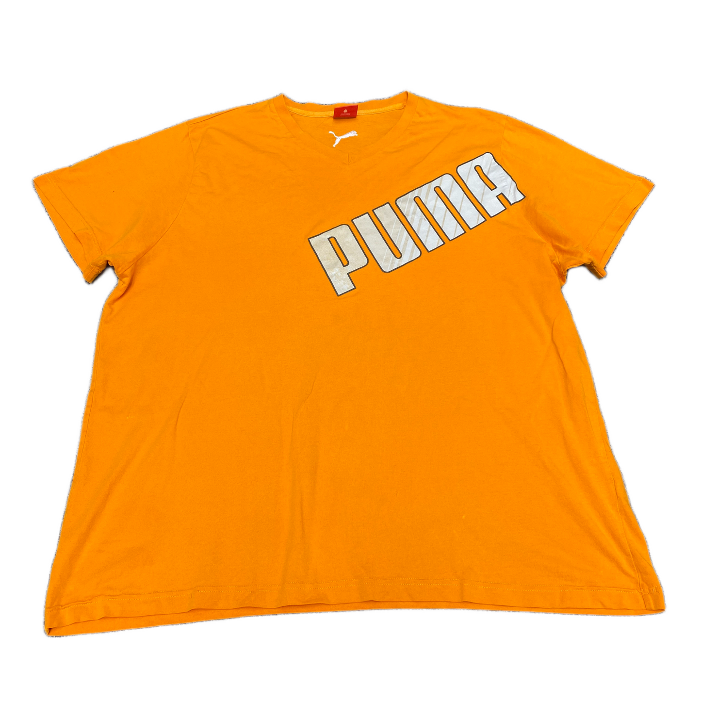 Puma Dyna-Mix T-Shirt Mens Large Orange Graphic Logo Short Sleeve V-Neck Tee