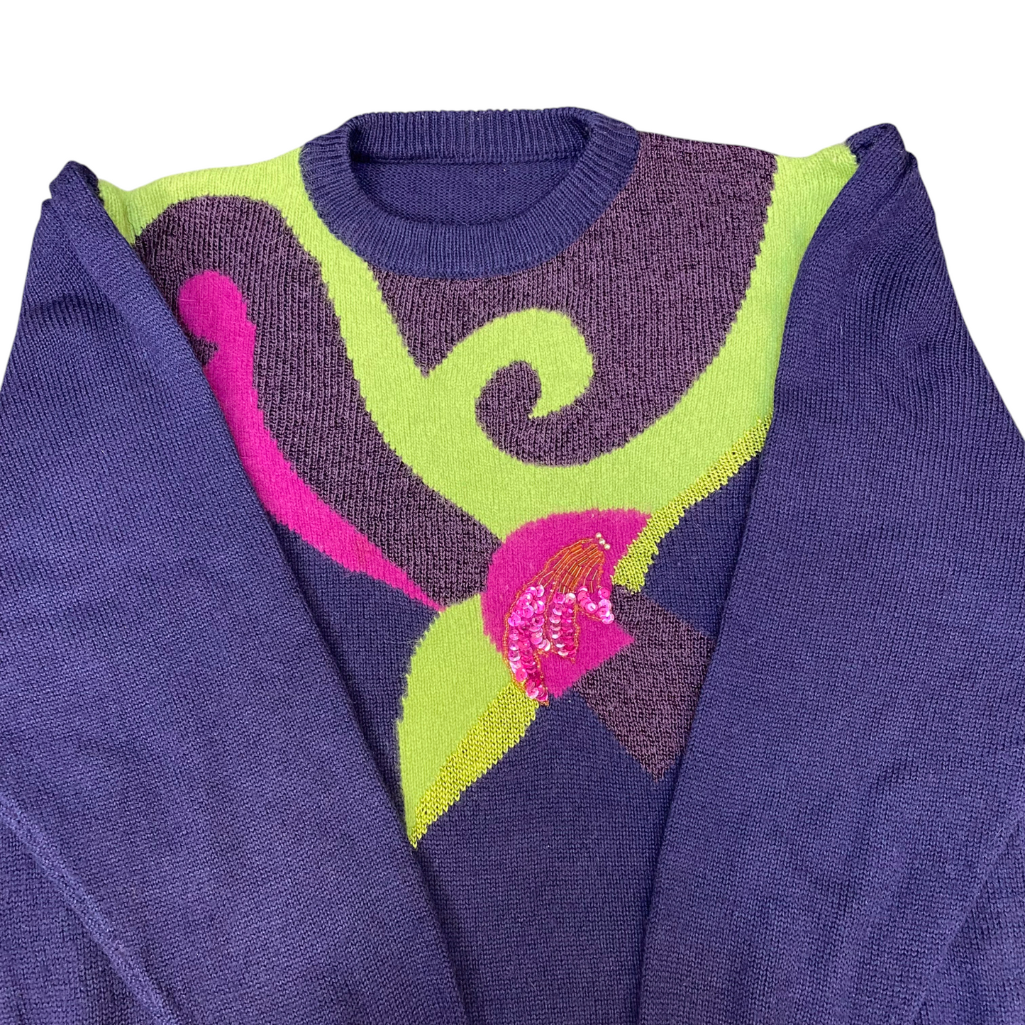 Jumper Womens Large Blue Knitted Floral Sequins Long Sleeve Crew Neck Pullover