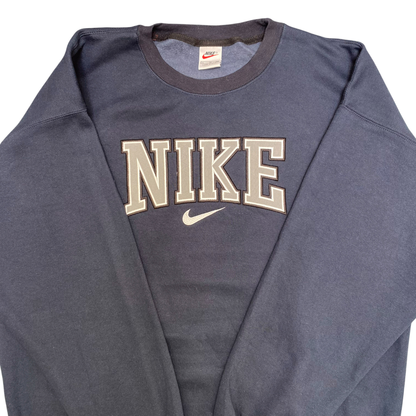 Nike Reworked Sweatshirt Mens XL Blue Navy Embroidered Spellout Logo Crew Neck