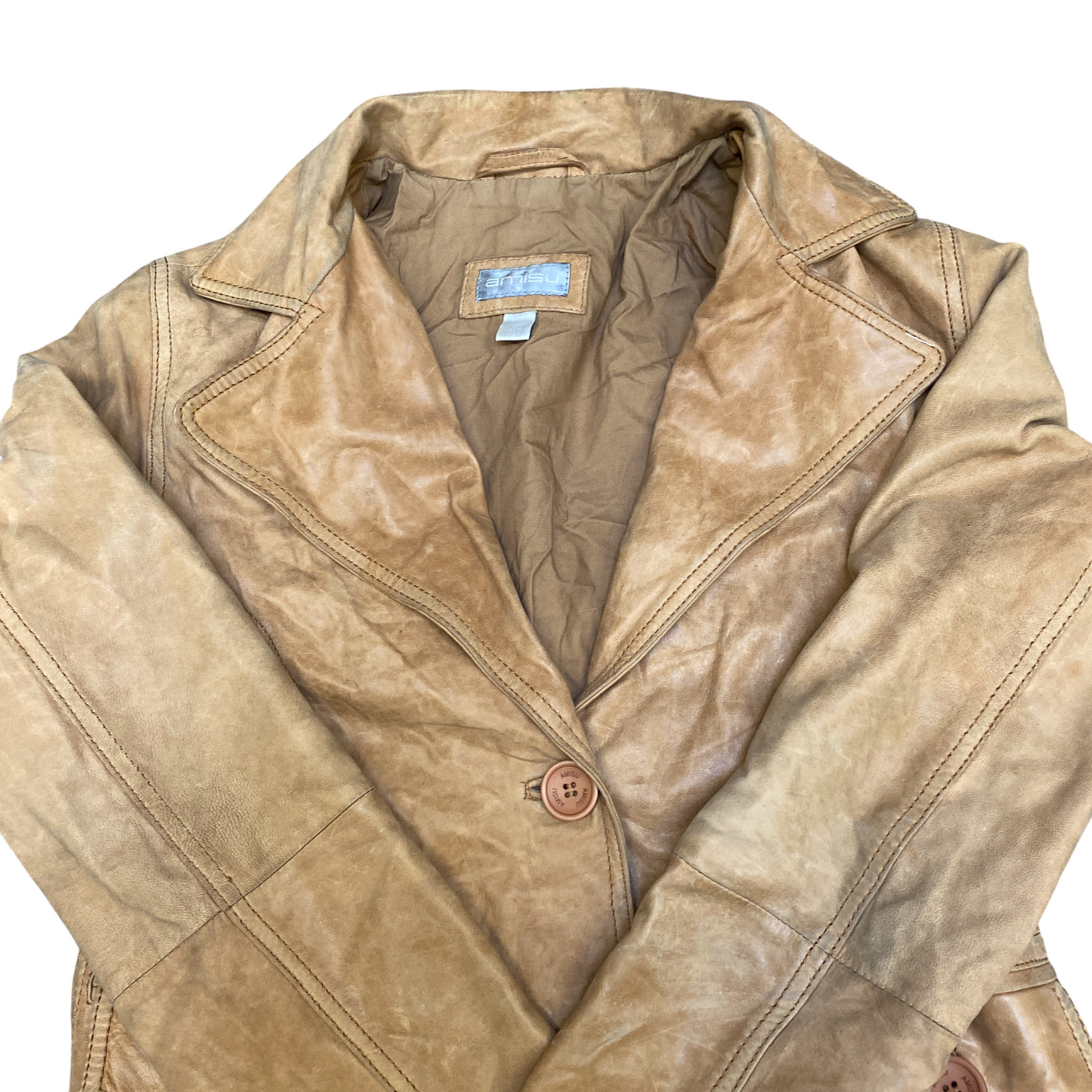 Amisu Genuine Leather Blazer Jacket Womens Medium Brown Lined Single Breasted