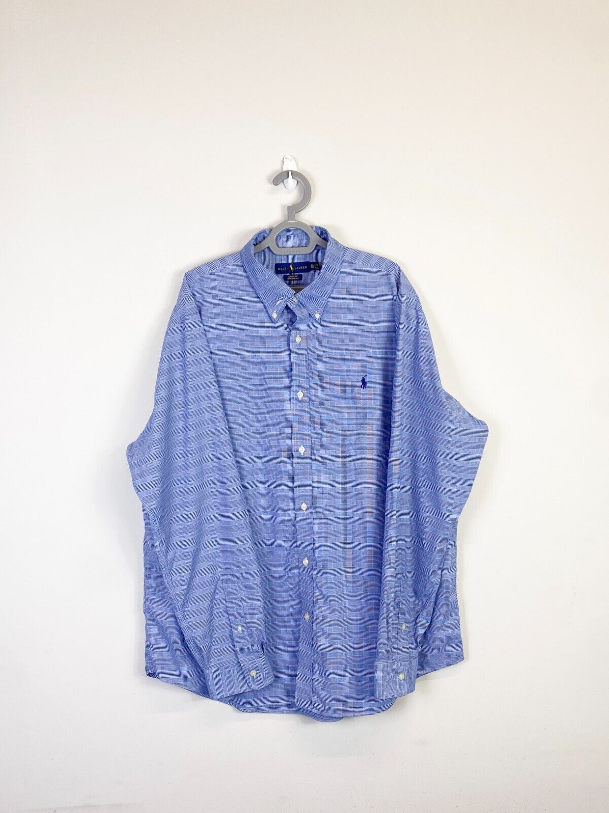 Ralph Lauren Shirt Mens 2XL Blue Houndstooth Casual Small Blue Polo Pony Logo