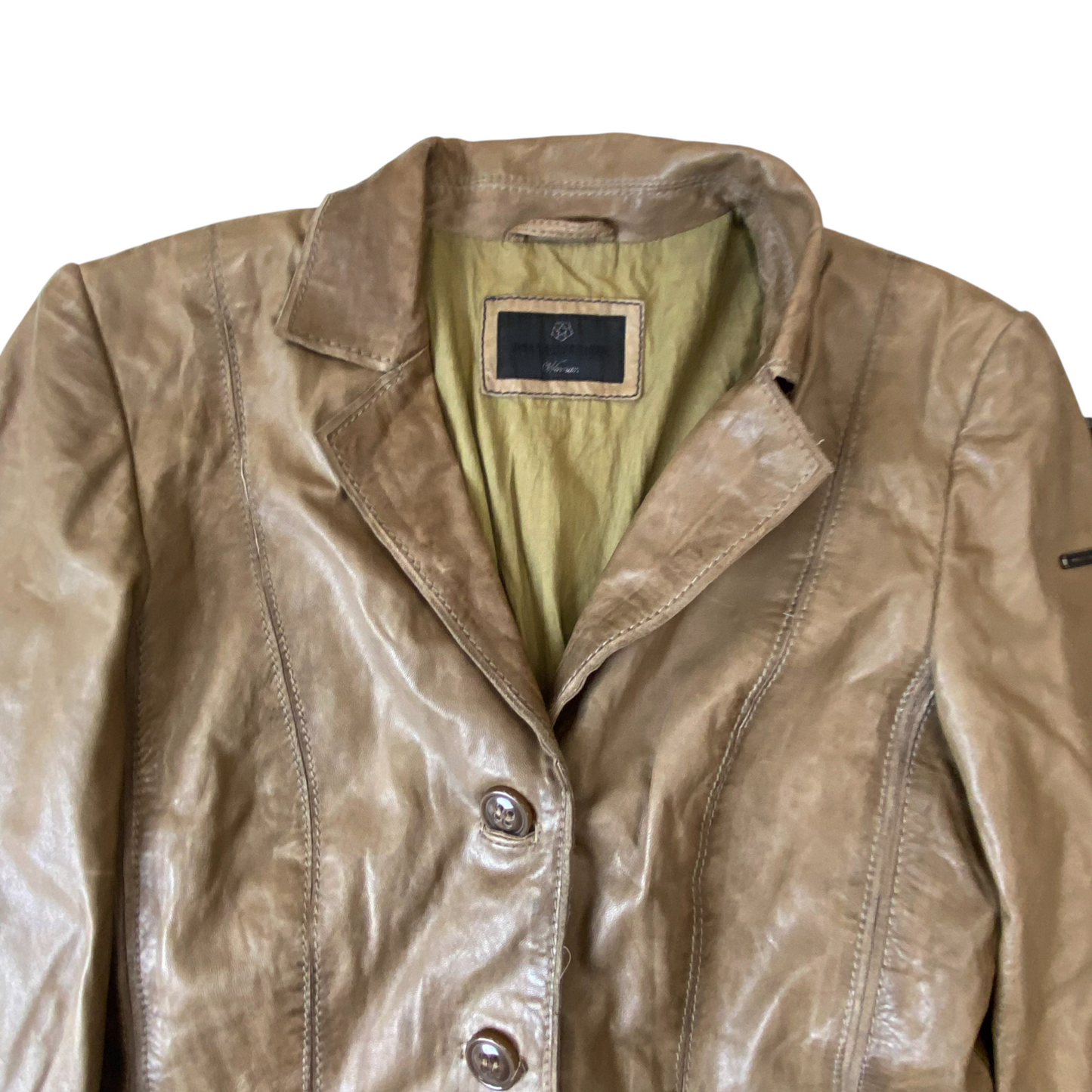 Womens Leather Trench Coat Medium Brown Long Sleeve Notch Lapel Single Breasted