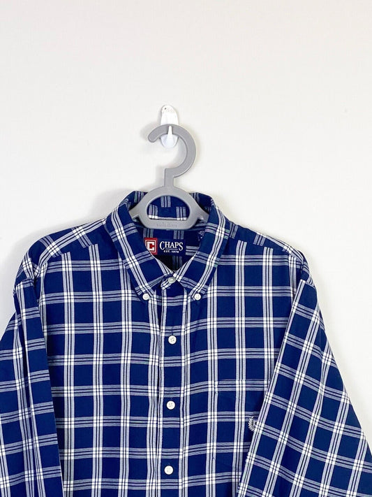 Chaps Shirt Mens Large Blue Checkered Casual Long Sleeve Collared Button Down