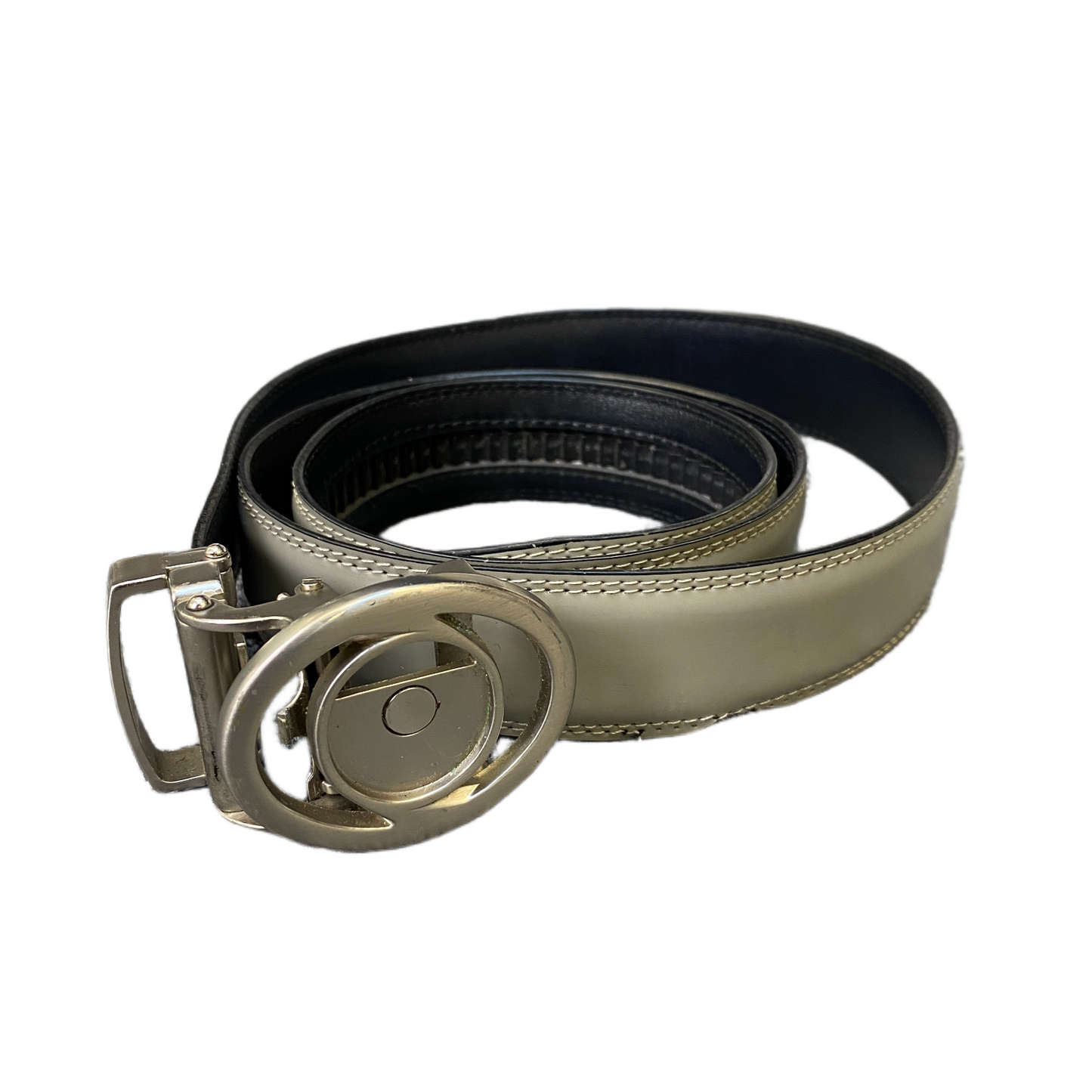 Waist Belt Men Beige Leather Adjustable Silver Reversible Round Buckle 46 Inches