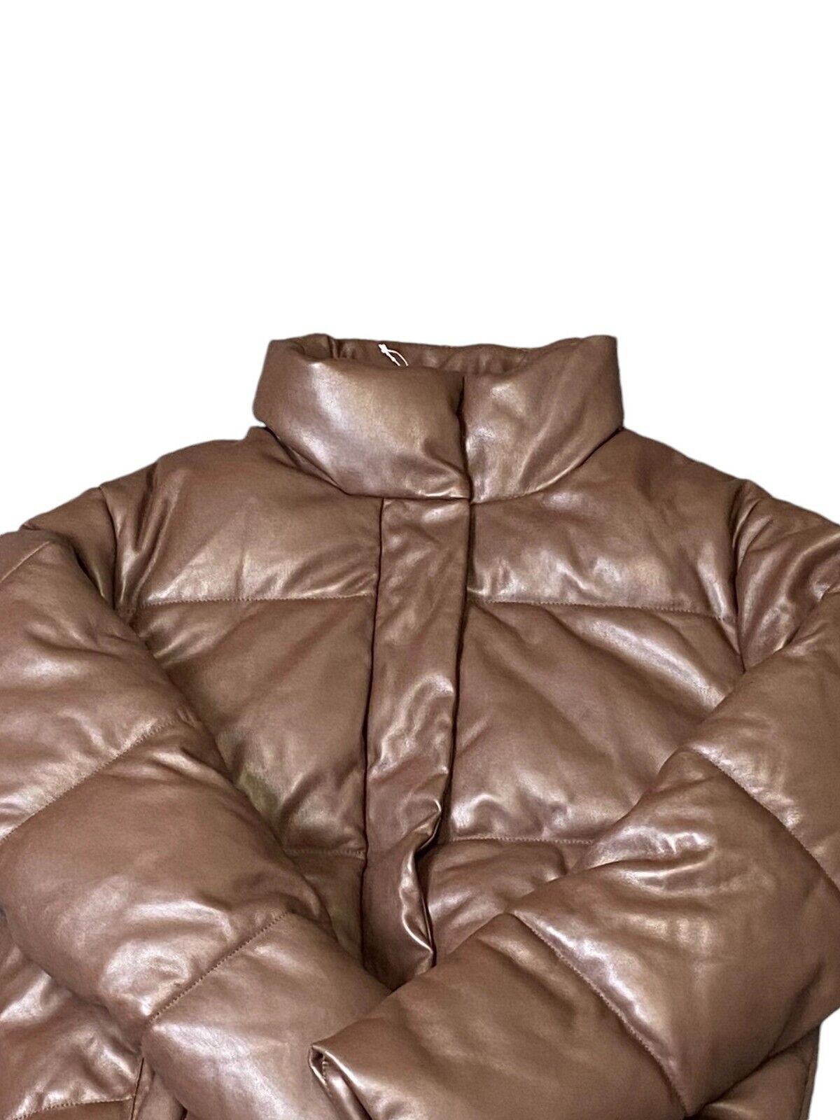 Primark Puffer Jacket Women's XS Brown Leather Lined Long Sleeve Full Zipper