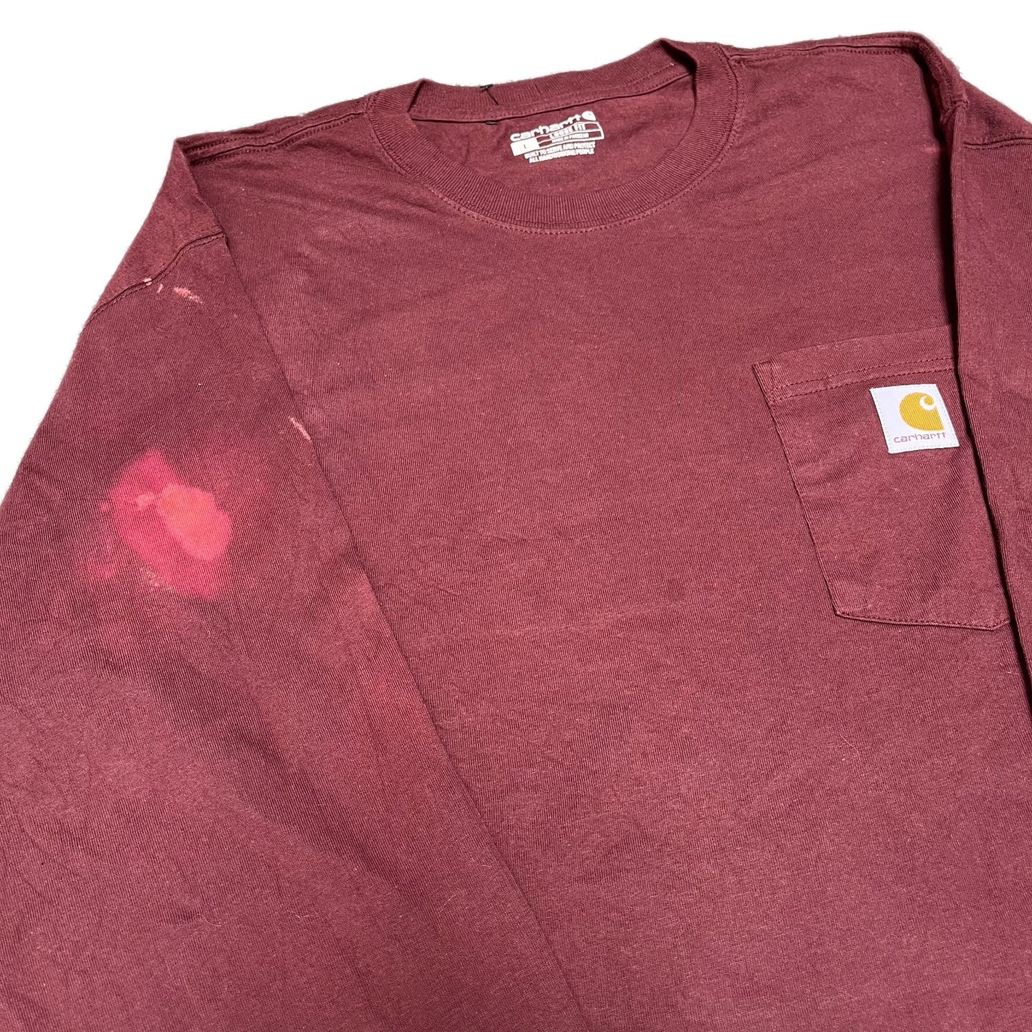 Carhartt Pocket T-Shirt Mens Large Maroon Loose Fit Long Sleeve Workwear Tee
