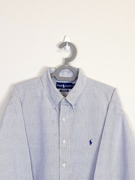 Ralph Lauren Dress Shirt Mens L Blue Checkered Classic Fit Blue Polo Pony Logo