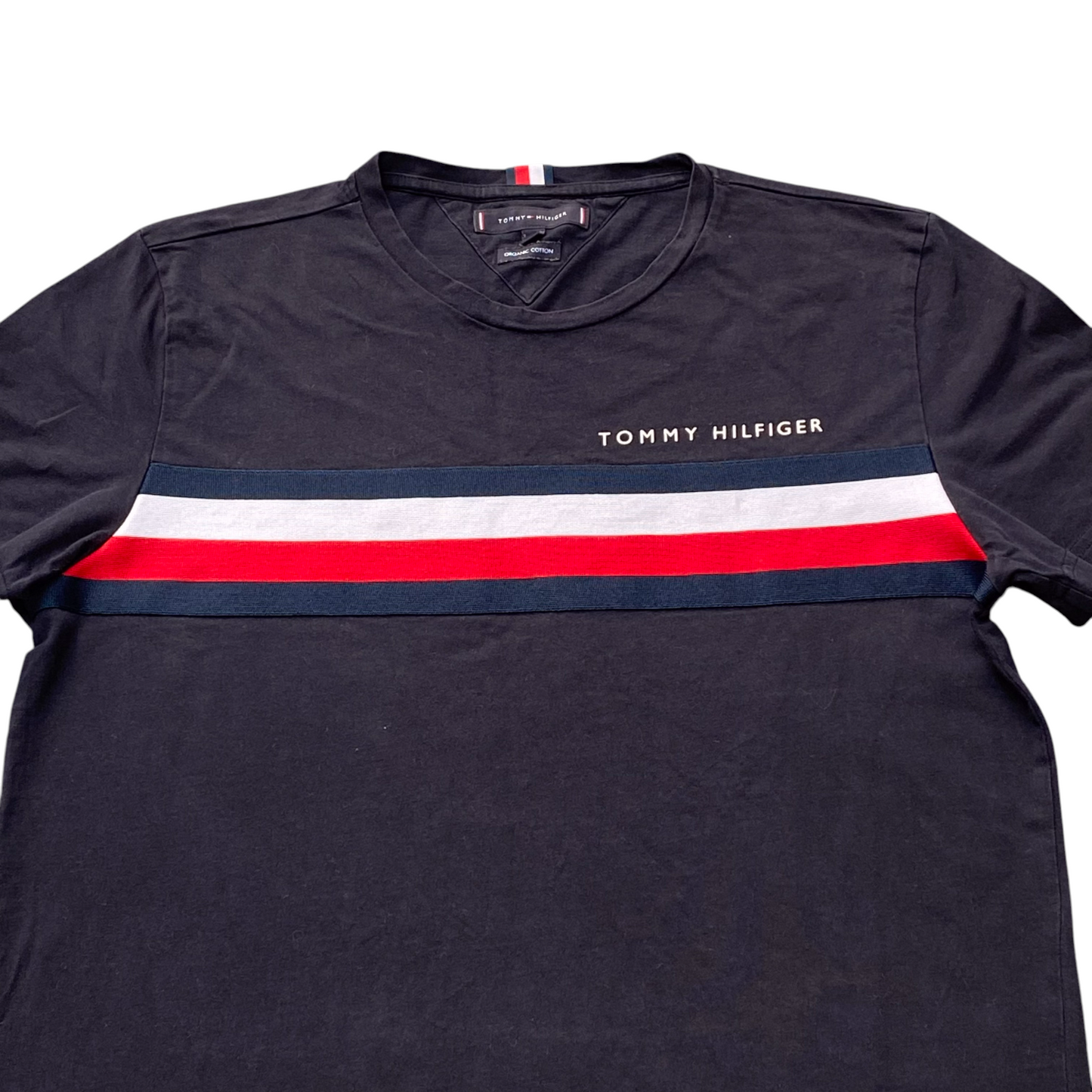 Tommy Hilfiger T Shirt Mens Large Blue Flag Stripe Short Sleeve Crewneck Tee