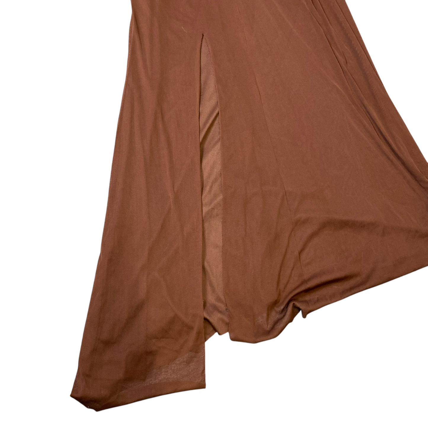 Le Gala Maxi Dress Womens 10 Brown Mesh Sleeveless Side Slit Ruched One Shoulder