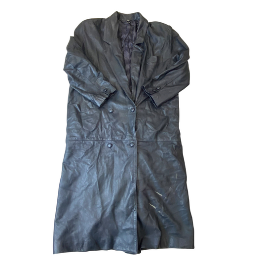 Womens Leather Trench Coat Large Black Notch Lapel Double Breasted Four Button