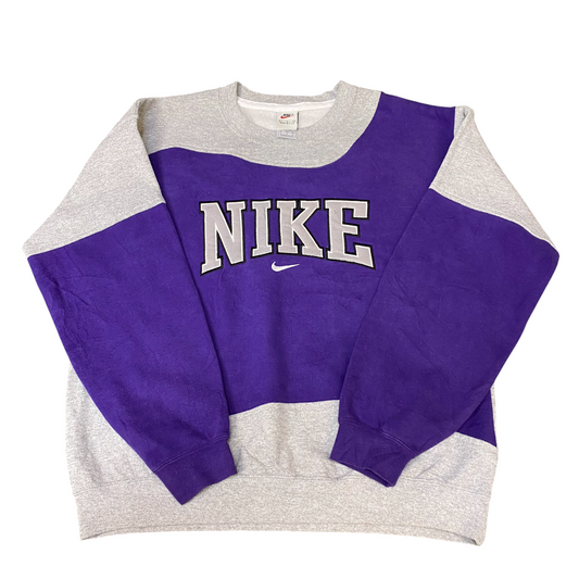 Nike Reworked Sweatshirt Men L Grey Purple Embroidered Spellout Logo Vintage Y2K