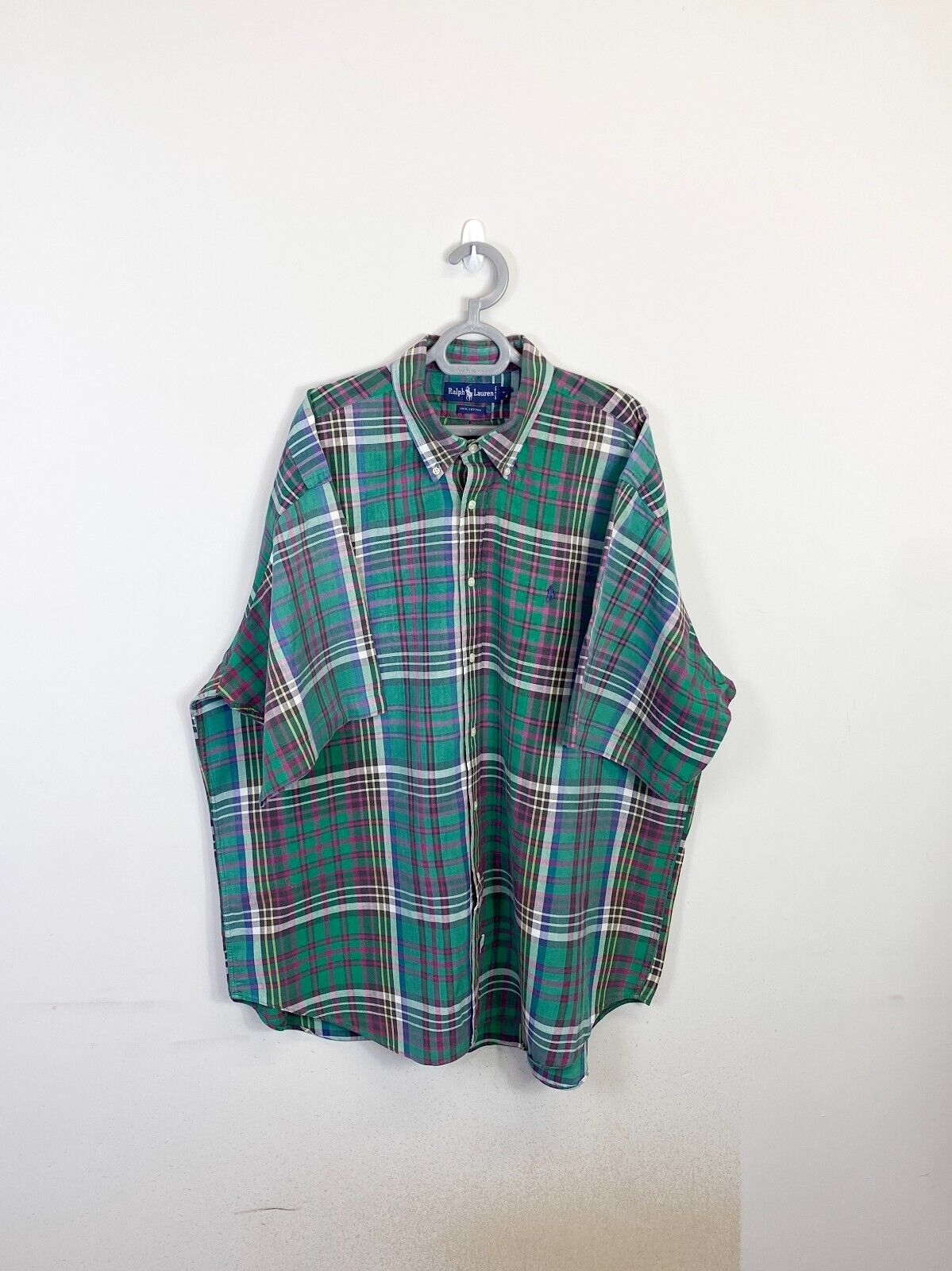 Ralph Lauren Shirt Mens XL Green Plaid Short Sleeve Small Blue Polo Pony Logo