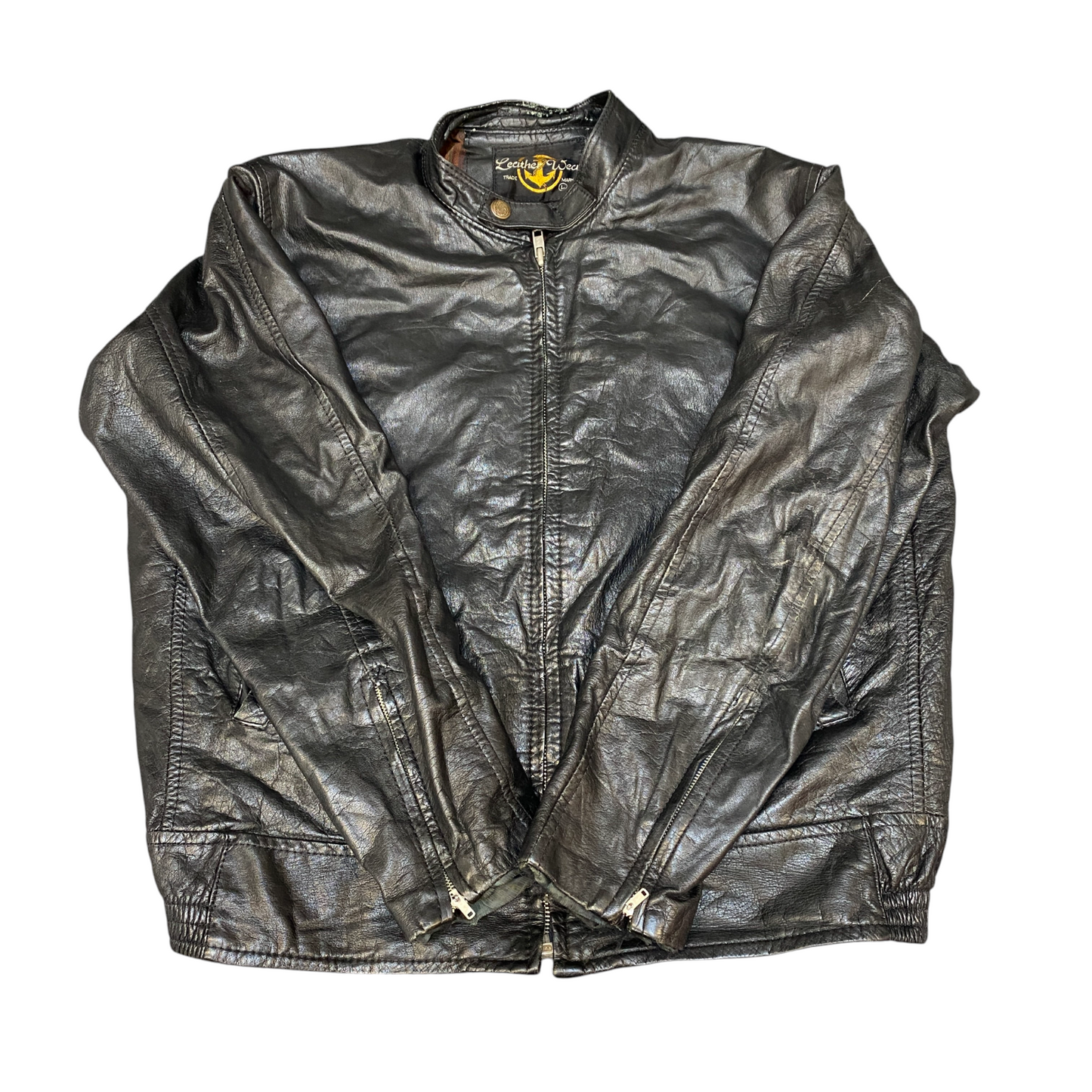 Leather Wear Biker Jacket Mens L Black Classic Long Sleeve Band Collar Full Zip