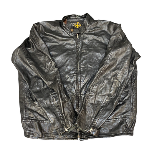 Leather Wear Biker Jacket Mens L Black Classic Long Sleeve Band Collar Full Zip