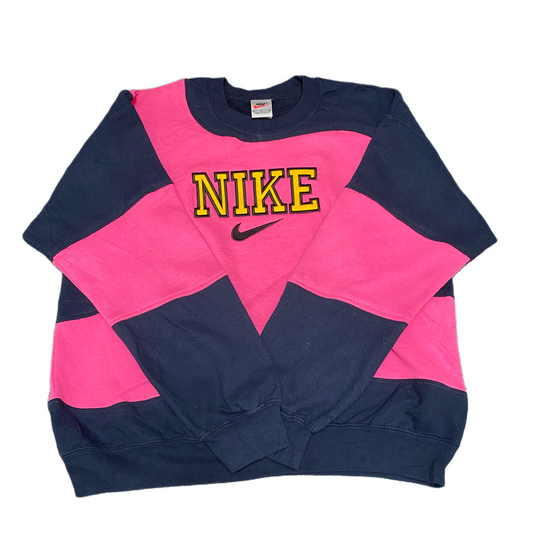 Nike Reworked Sweatshirt Mens L Navy Pink Embroidered Spellout Logo Vintage Y2K