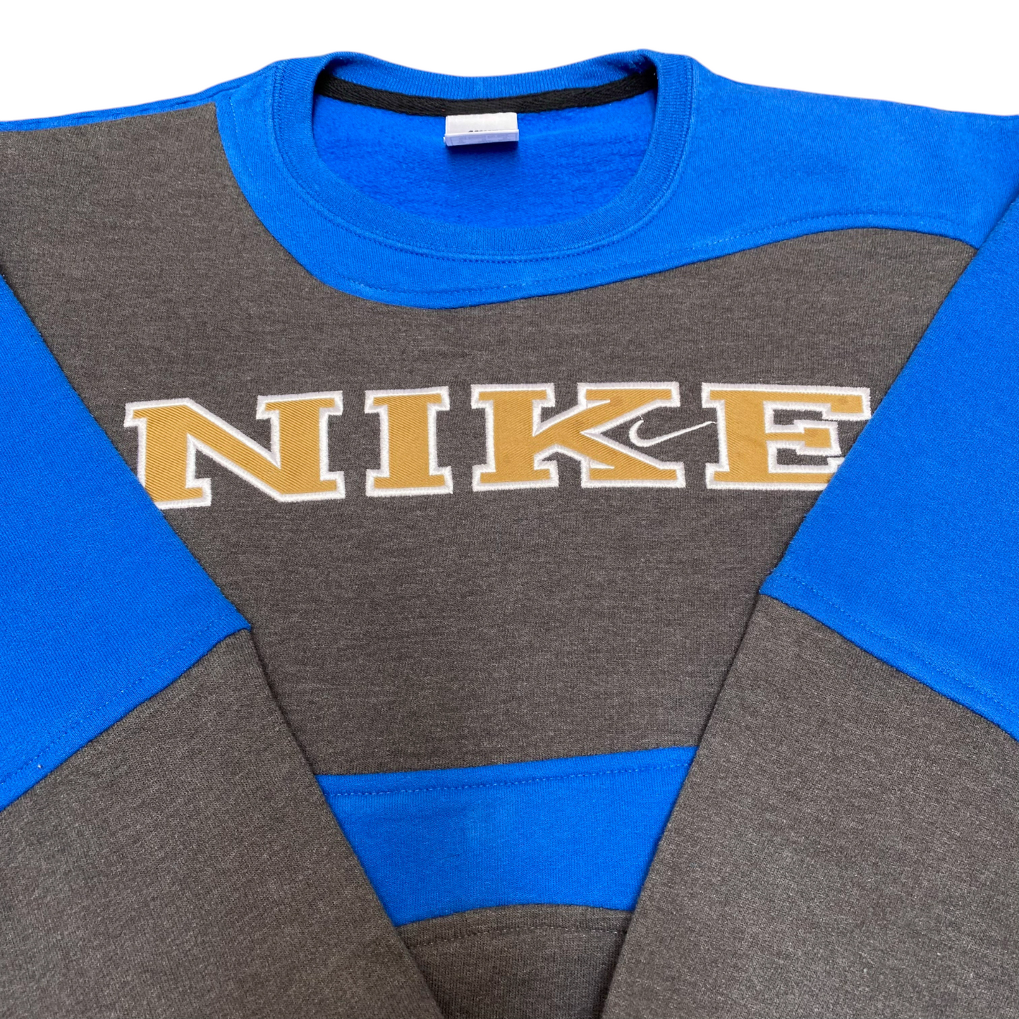 Nike Reworked Sweatshirt Mens Medium Blue Grey Embroidered Spellout Logo Y2K