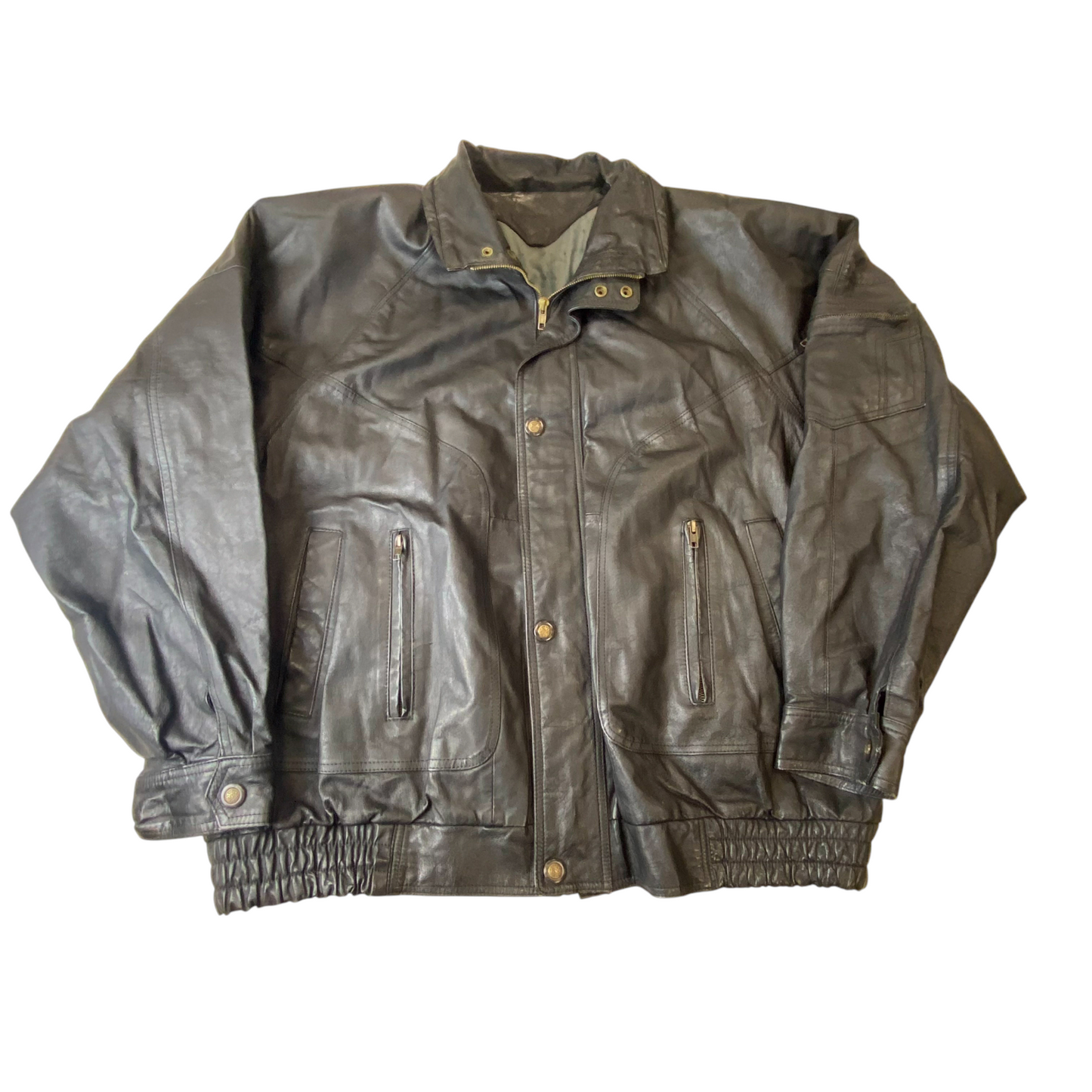 Mens Real Leather Jacket XL Black Lined Snap Button Inside Zip Elasticated Hem