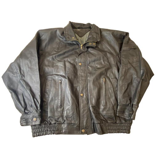 Mens Real Leather Jacket XL Black Lined Snap Button Inside Zip Elasticated Hem