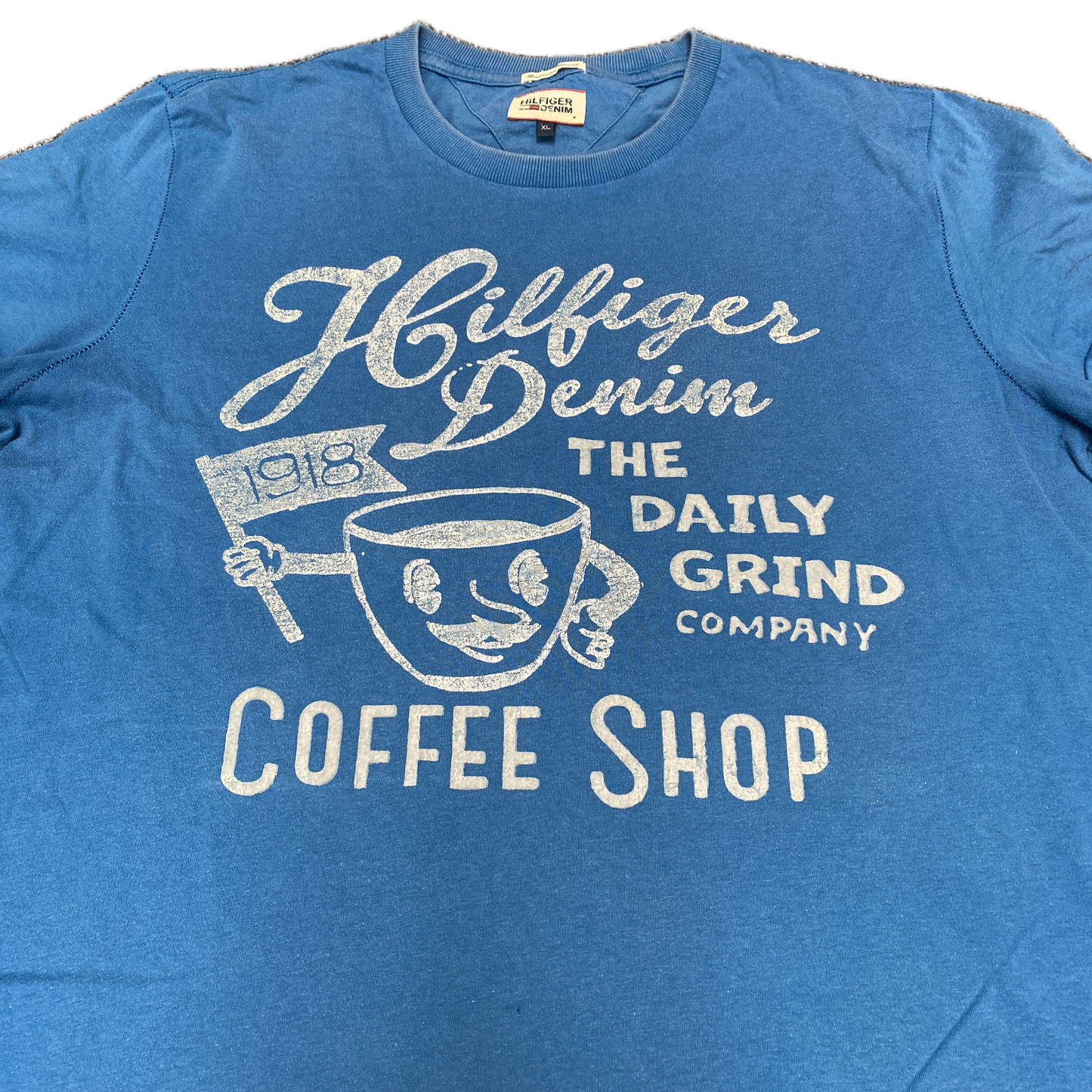 Tommy Hilfiger T-Shirt Womens XL Blue The Daily Grind Coffee Shop Graphic Tee