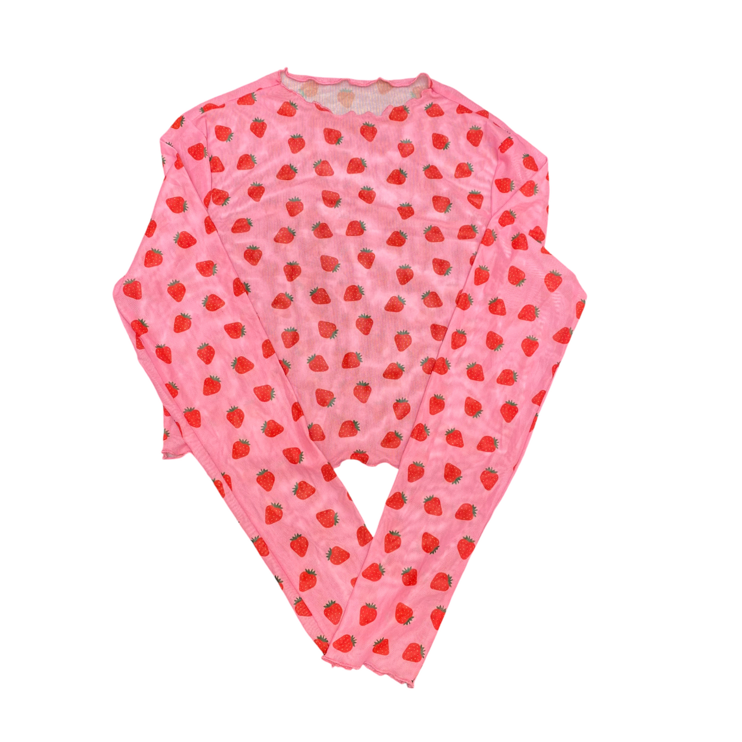 Sheer Top Womens S Pink Strawberry Print Cropped Long Sleeve Crew Neck Pullover
