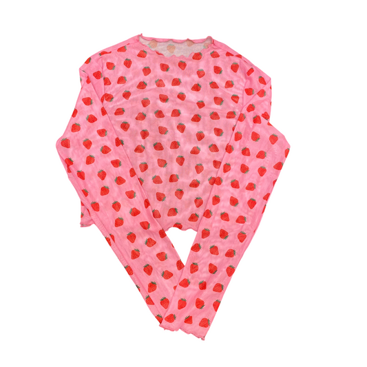 Sheer Top Womens S Pink Strawberry Print Cropped Long Sleeve Crew Neck Pullover