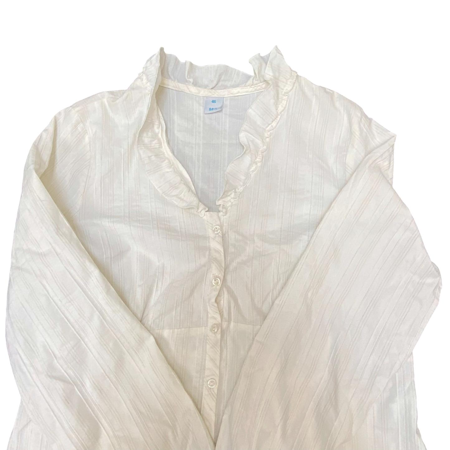M&S Blouse Top Womens M White Striped Ruffled Trim Long Sleeve Button Front