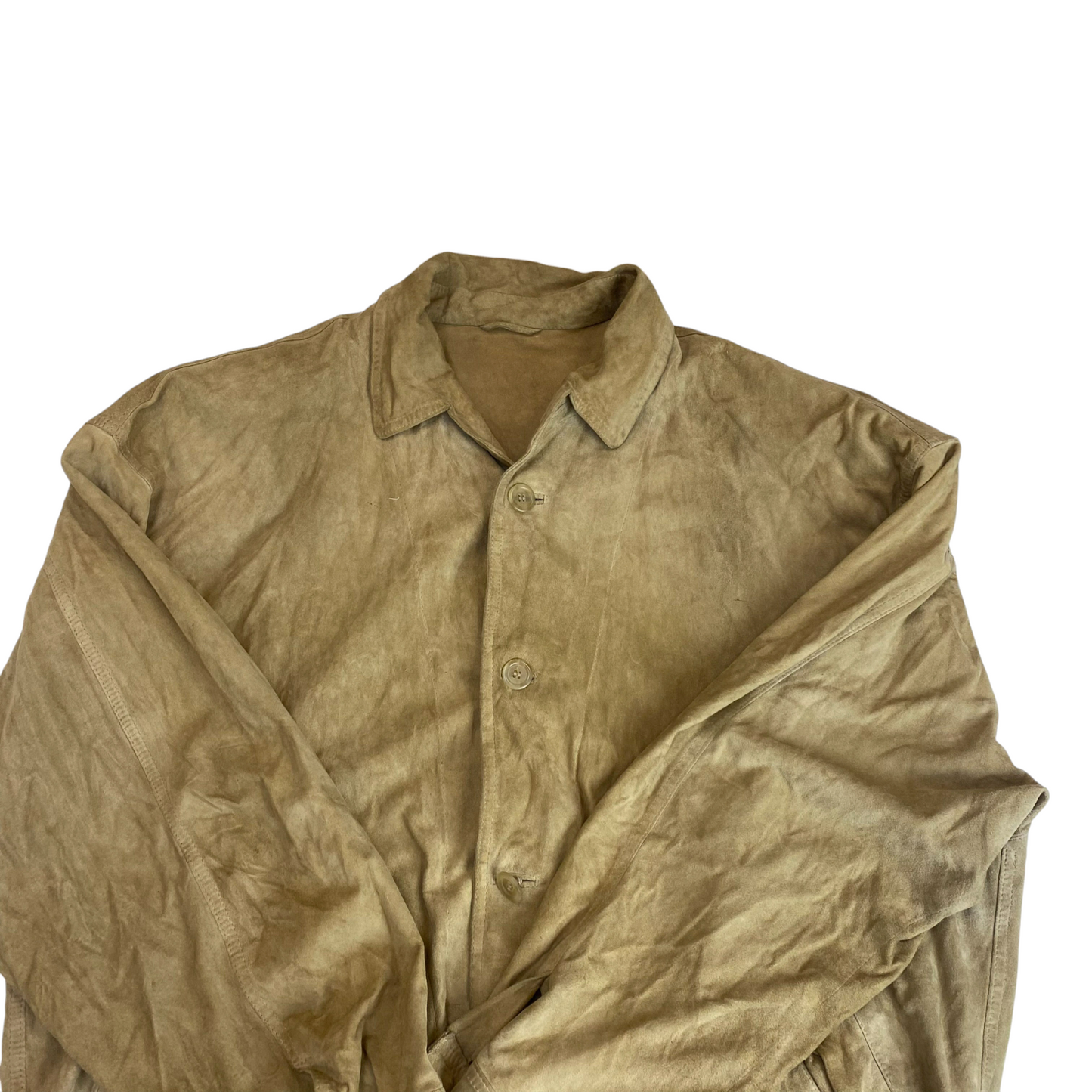 Jacket Mens L Green Suede Leather Pockets Long Sleeve Collared Button Front