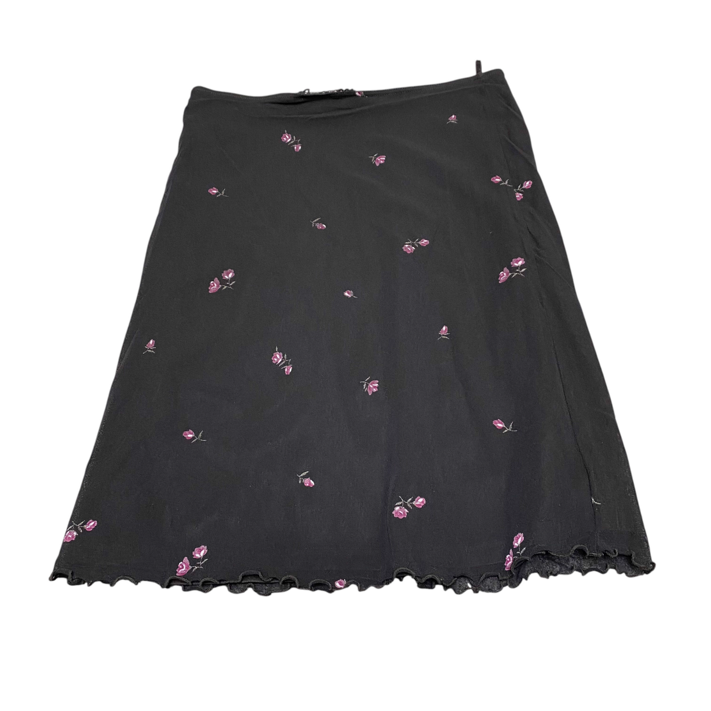 Womens A-Line Skirt M Black Pink Floral Print Scalloped Hem Classic High Waist