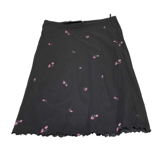 Womens A-Line Skirt M Black Pink Floral Print Scalloped Hem Classic High Waist