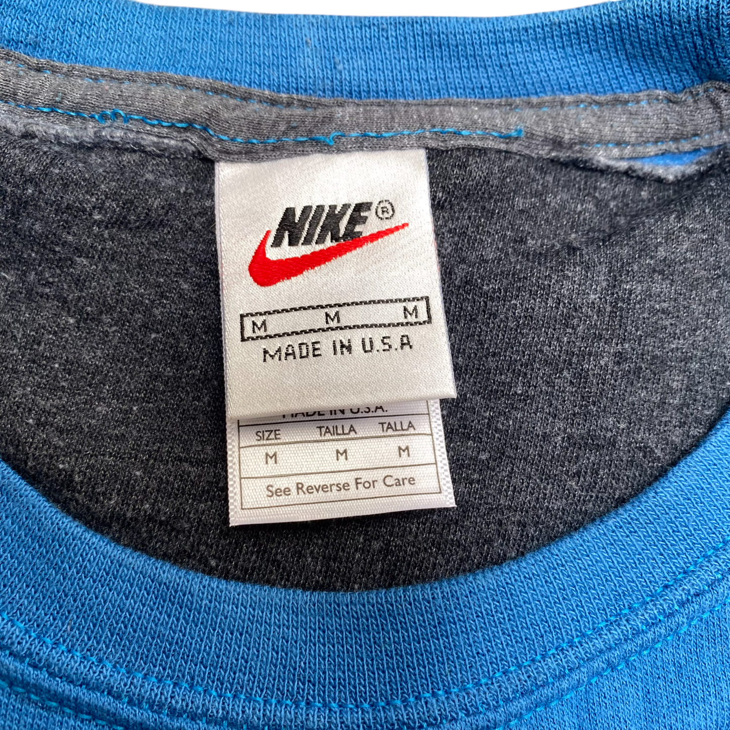 Nike Reworked Sweatshirt Mens Medium Blue Grey Embroidered Spellout Logo Vtg Y2K