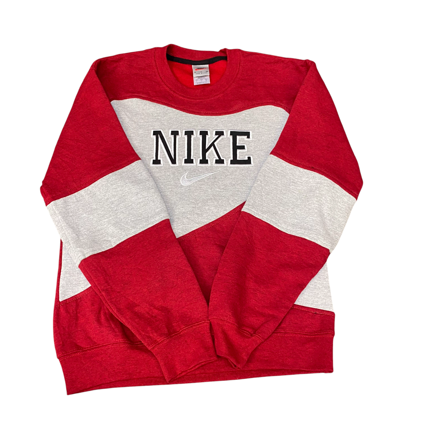 Nike Reworked Sweatshirt Mens S Red Grey Embroidered Spellout Logo Vintage Y2K