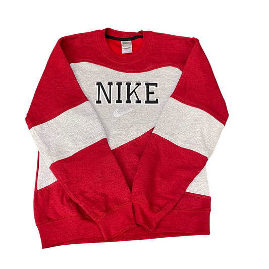 Nike Reworked Sweatshirt Mens S Red Grey Embroidered Spellout Logo Vintage Y2K
