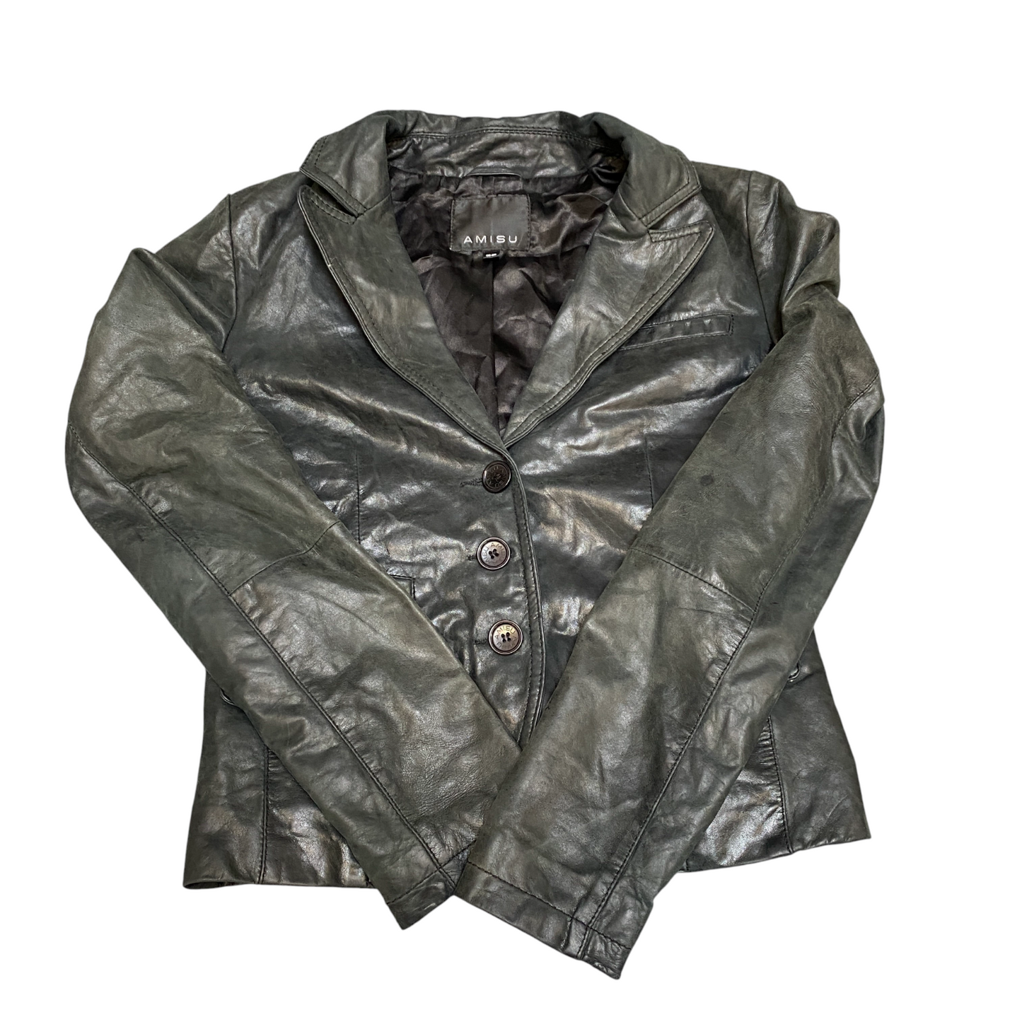 Amisu Leather Blazer Jacket Womens Small Black Lined Long Sleeve Single Breasted