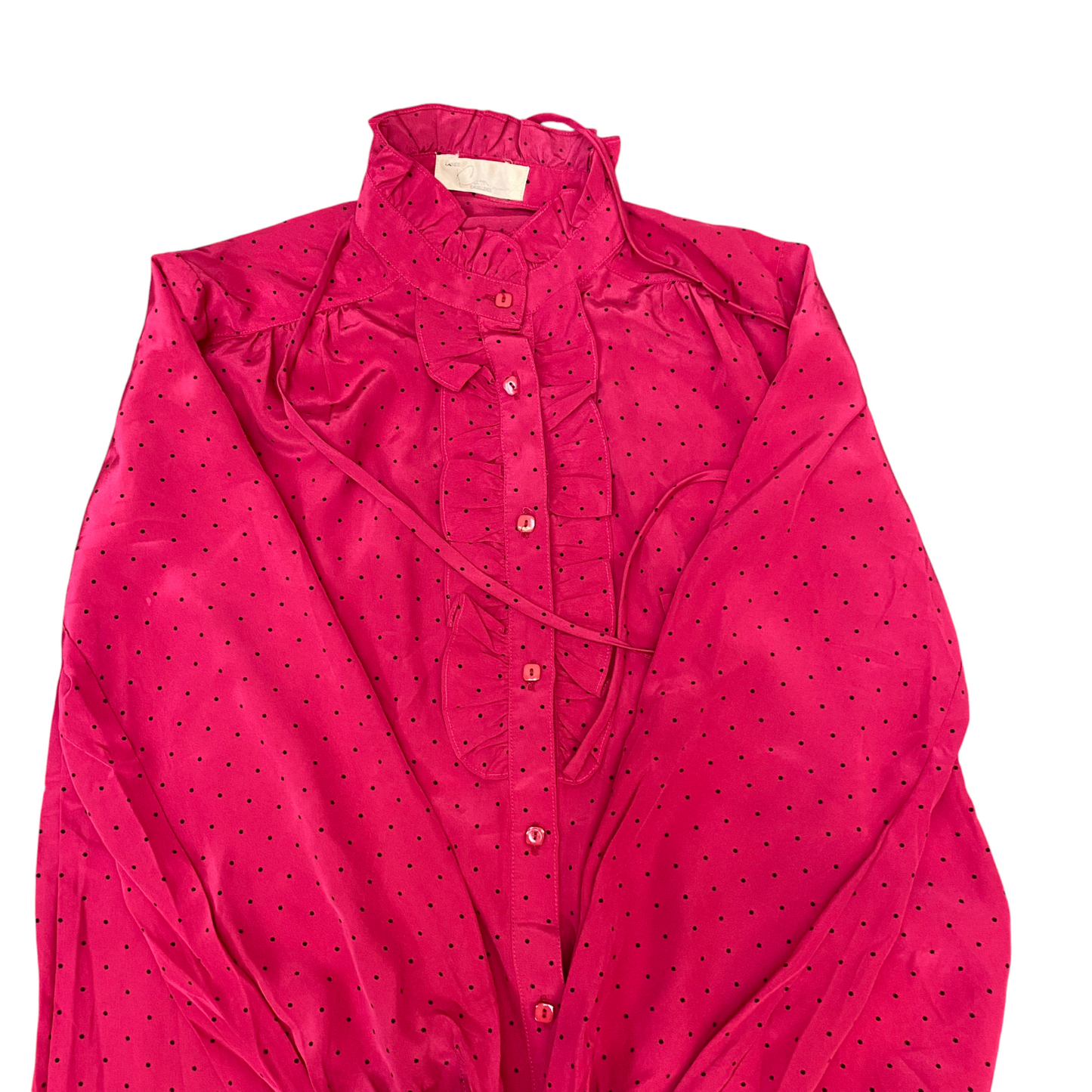 Shirt Top Womens M Pink Polka Dot Chiffon Ruffle Detail Long Sleeve Button Front