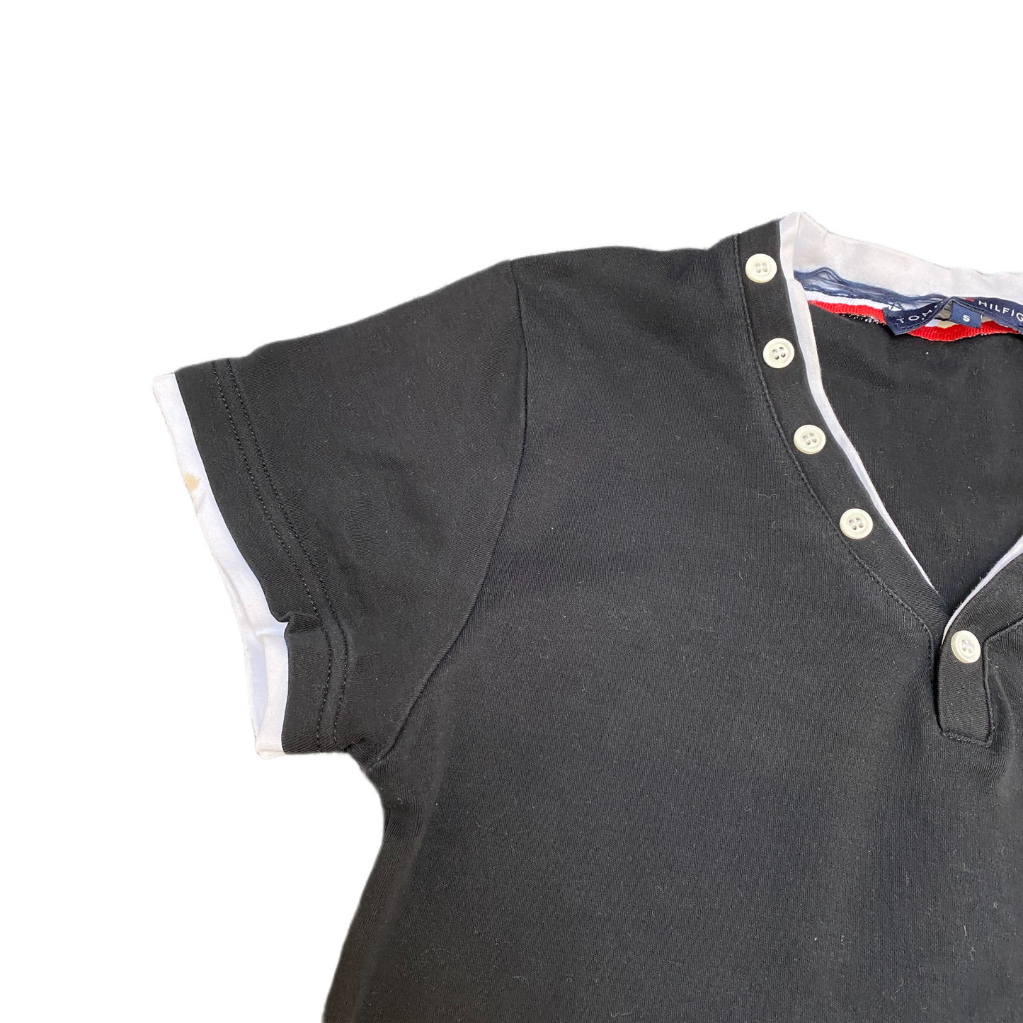 Tommy Hilfiger T-Shirt Womens S Black Stretch Embroidered Logo V Neck Button Tee