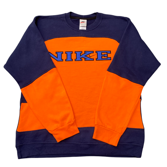 Nike Reworked Sweatshirt Mens Medium Blue Orange Spellout Logo Crewneck Vtg Y2K