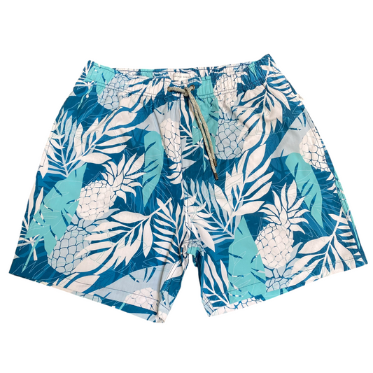 Vintage Summer Swim Shorts Mens XL White Blue Palm Leaf Print Mesh Lined Stretch