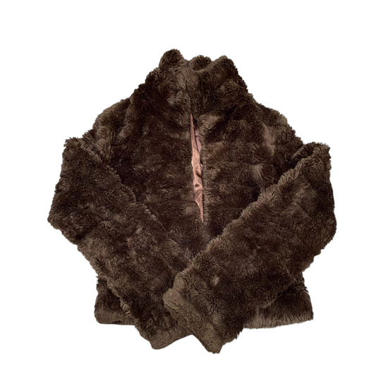 WE Faux Fur Jacket Womens S Brown Lined Long Sleeve Stand Up Collar Open Front